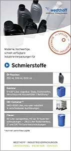 Flyer Ölflaschen für die Schmiermittel. Industrieverpackungen + Gefahrgutverpackungen by WEDTHOFF 100px
