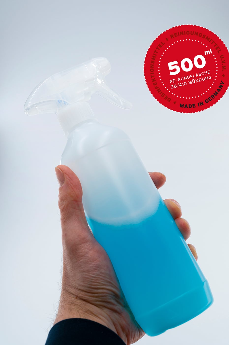 Stabile Kunststoffflasche Rundflasche 500ml kaufen. Für Desinfektionsmittel, Reinigungsmittel, u.v.m. (Schraubverschluss, Pumpdosierer, Sprühpistole, ...) . WEDTHOFF Industrieverpackungen