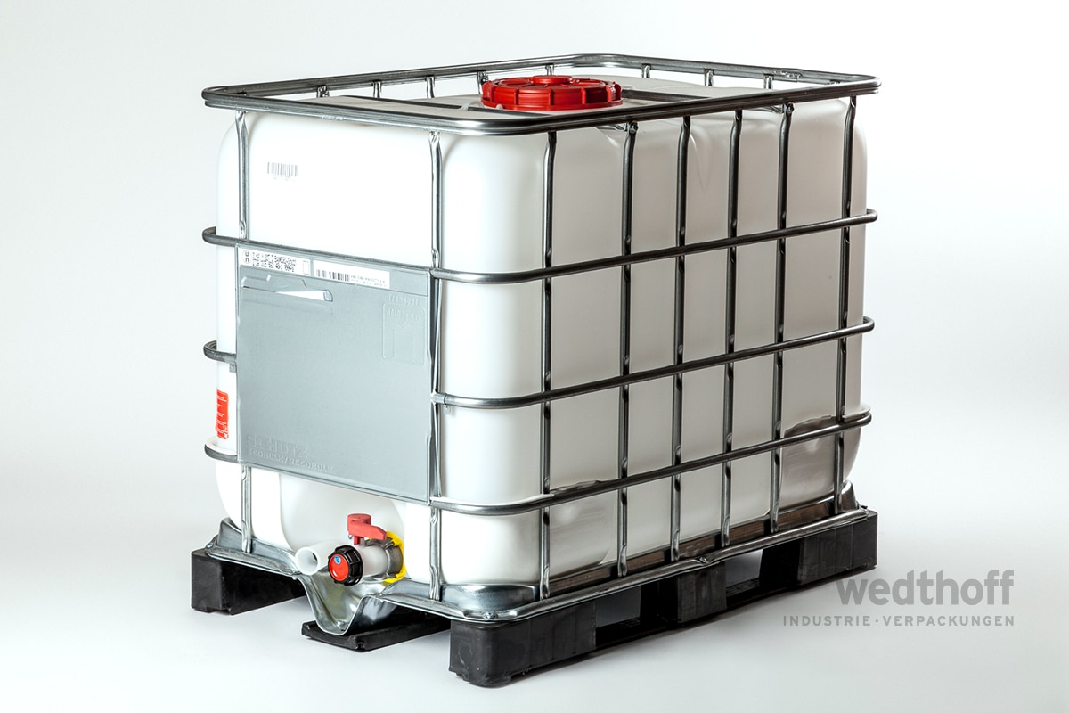 IBC-Container auf Kunststoffkufe mit stabilem Metallrahmen. Auch für Rekonditionierung/Wiederverwendung geeignet #Nachhaltigkeit