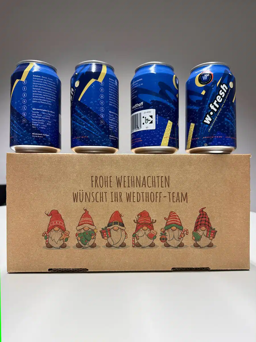 Weihnachtsgruß Cola-Mix-Dose rundum » WEDTHOFF, NRW Weißblechdosen zum bedrucken